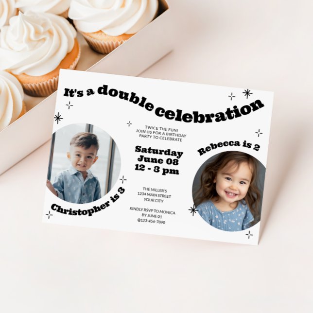 Joint Retro Barns födelsedag Party med Photo Inbjudningar (Dual Kids Photo Birthday Invitation)