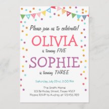 Joint twin födelsedagsfest inbjudan konetti