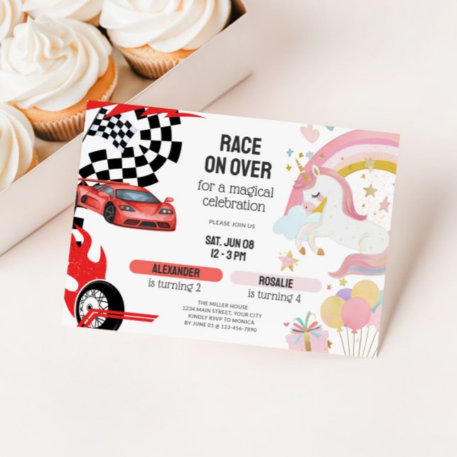 Joint Unicorn & Race Cars Sibling Birthday Inbjudningar (Joint Kids Birthday Party Invitation - Race Cars & Unicorns)