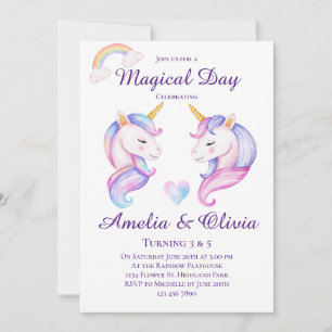 Joint Unicorn Sisters Dual Syskon Födelsedagsfest Inbjudningar