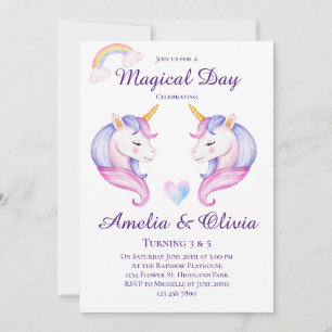 Joint Unicorn Sisters Dual Syskon Födelsedagsfest Inbjudningar