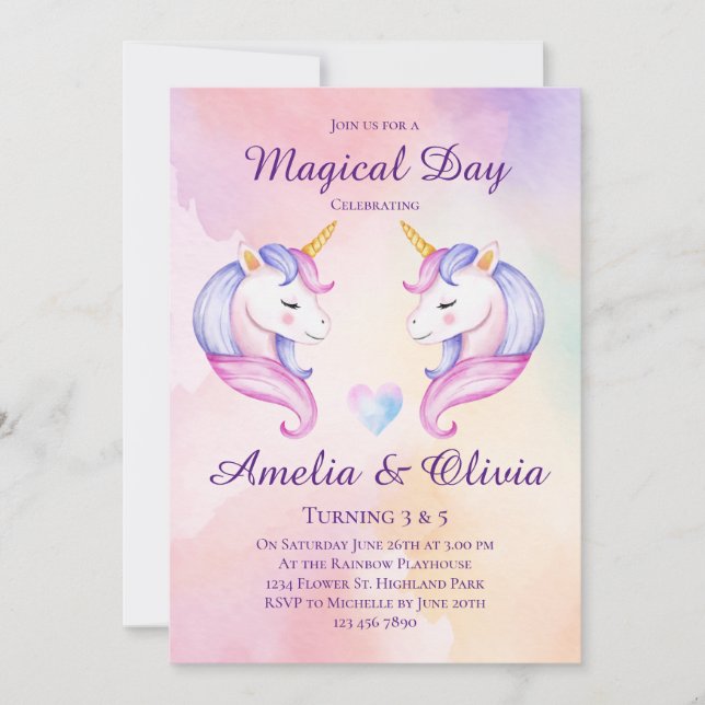 Joint Unicorn Sisters Dual Syskon Födelsedagsfest Inbjudningar (Framsida)
