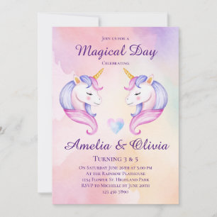 Joint Unicorn Sisters Dual Syskon Födelsedagsfest Inbjudningar