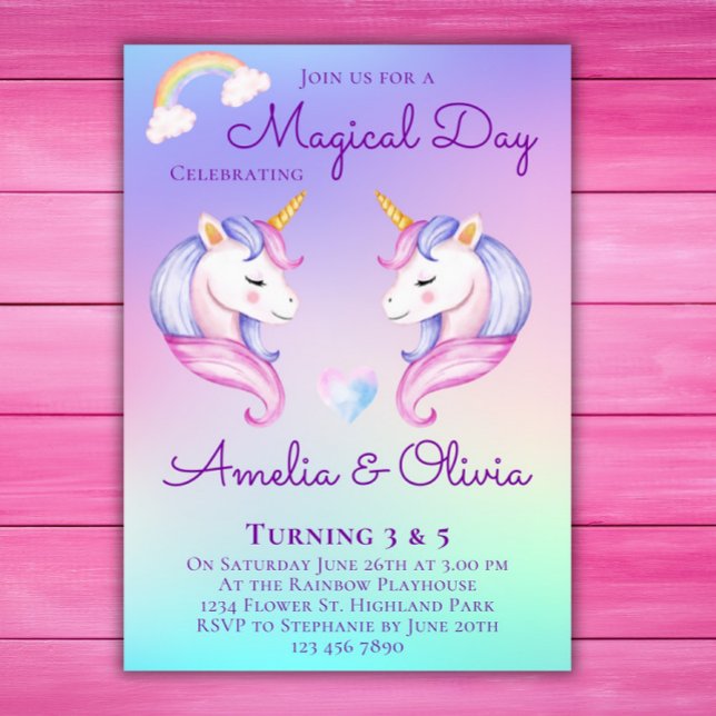 Joint Unicorn Sisters Twin Syskon Födelsedagsfest Inbjudningar (Skapare uppladdad)