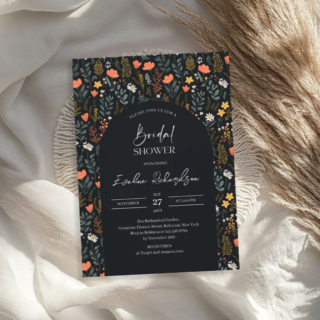 Jokblommor i den marina gulten trendig Arch Vatten Inbjudningar (Trendy arch watercolor navy yellow wildflowers invitation)