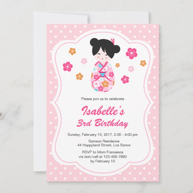 Jokeshi Doll Birthday-inbjudan för Sakura Japanska Inbjudningar (Framsida)
