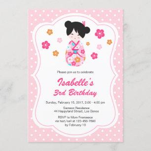 Jokeshi Doll Birthday-inbjudan för Sakura Japanska Inbjudningar