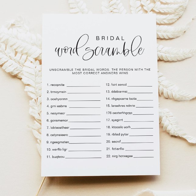 JOLIE Minimal Word Scramble Bröllopsduschspel Inbjudningar (Modern Boho Typography Word Scramble Bridal Shower Game Cards)
