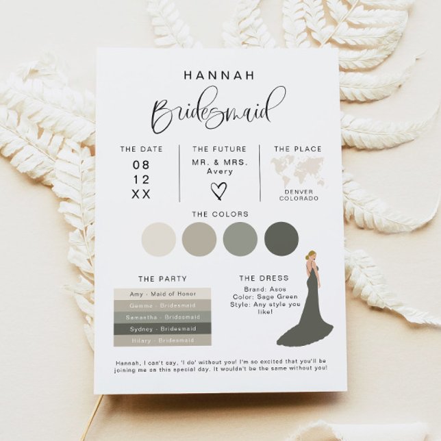 JOLIE Modern EDITABLE Bridesmaid Info Card Inbjudningar (Skapare uppladdad)