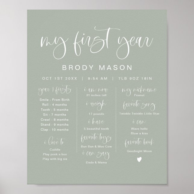 JOLIE Sage Grönt Boho Boy First Birthday Milestone Poster (Framsidan)