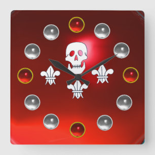 JOLLT ROGER SKULL TRE LILILITER FLAGGA Röda vita s Fyrkantig Klocka