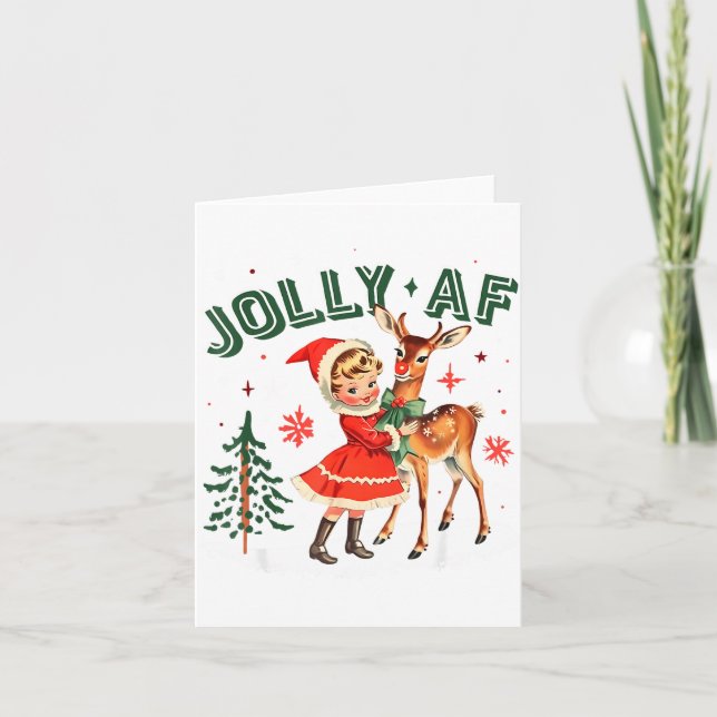 Jolly Af Christmas Retro 50s Cute Girl And Deer Vi Kort (Framsida)