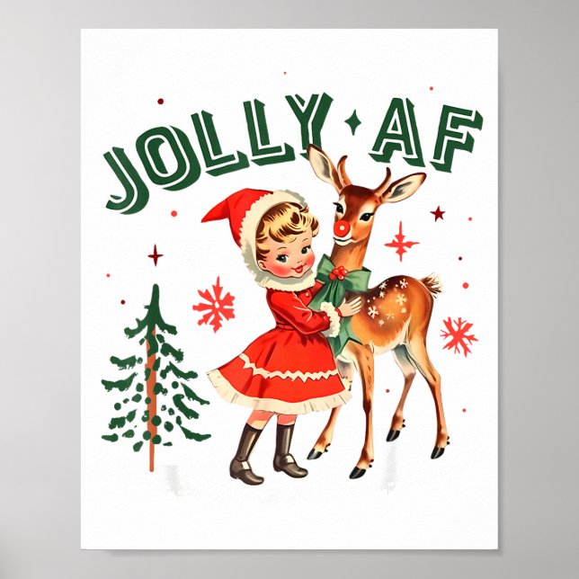Jolly Af Christmas Retro 50s Cute Girl And Deer Vi Poster (Framsidan)