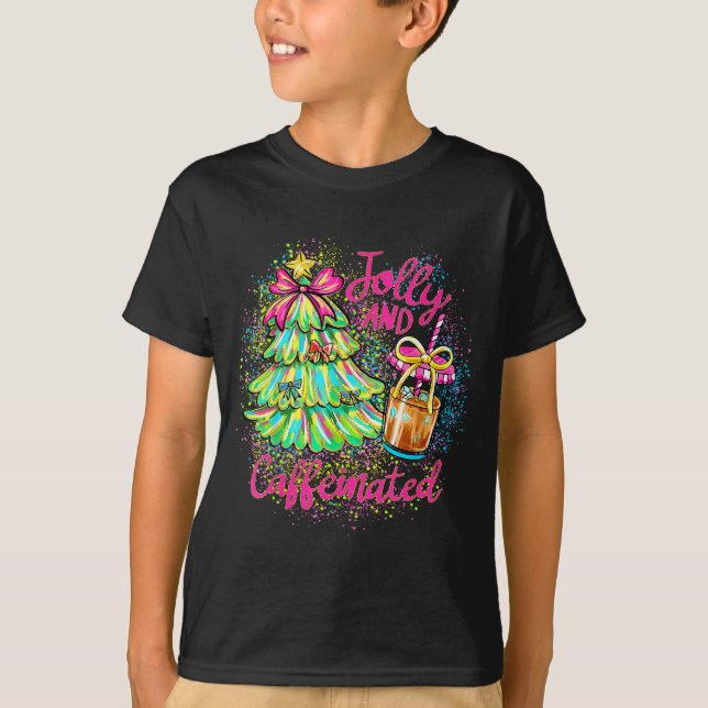 Jolly And Caffeinated Christmas Tree Coquette Bow  T Shirt (Framsida)