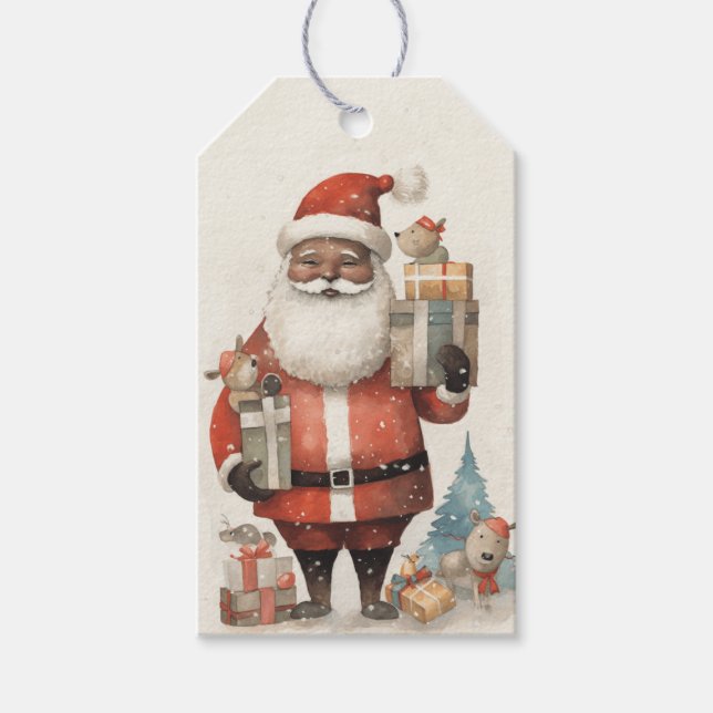 Jolly Black Santa med Hundar Presentetikett (Framsidan)