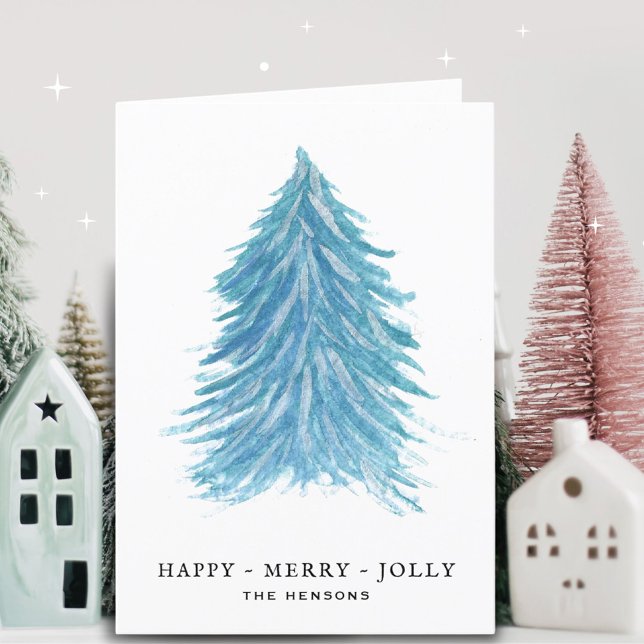 Jolly Blue Julgran Watercolor Teckning Holid Helgkort (Skapare uppladdad)