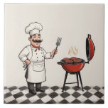 Jolly Chef Burger: Cook grilling hamburgers on BBQ Kakelplatta<br><div class="desc">"jolly chef grilling hamburgers",  "cook red BBQ barbecue",  "chefs hat barbeque bugers",  "black and white diamond floor",  "meat burger grill kitchen fun",  "cooking themed ceramic tile",  "beige cream light neutral",  "happy smiling face smile",  "moustache mustache italian man",  "french gourmet professional staff"</div>