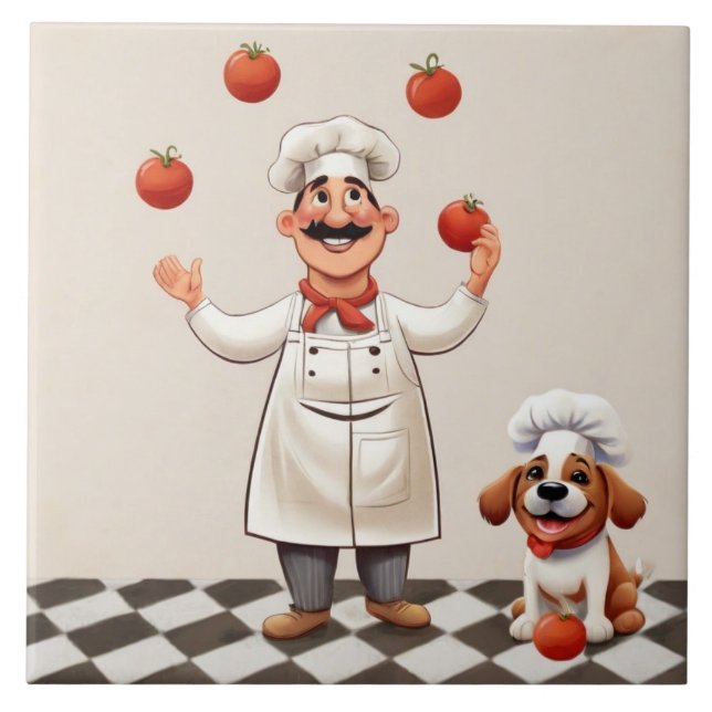 Jolly Chef: French Cook Juggling Tomatoes with dog Kakelplatta (Framsidan)