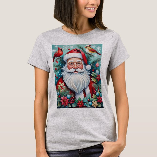 Jolly Christmas Santa Clause And Cardinals  T Shirt (Framsida)