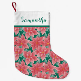 Jolly Grönt och Red Poinsettia Personlig Namn Liten Julstrumpa