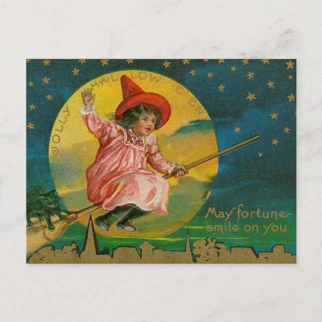 Jolly Halloween Vintage Witch Vykort (Framsida)