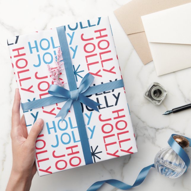 Jolly Holly Typography Red Blue White jul Presentpapper (Gifting)
