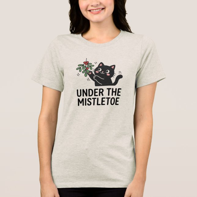Jolly Joy Black Cat Mistletoe Cartoon T-Shirt (Framsida)