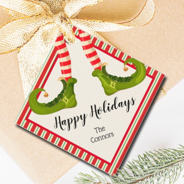 Jolly jul Elf Ben Rand Helgdag DIAMOND Gåvor Etiketter (Christmas Elf Legs Stripes Holiday Diamond Favor Tags Personalized)