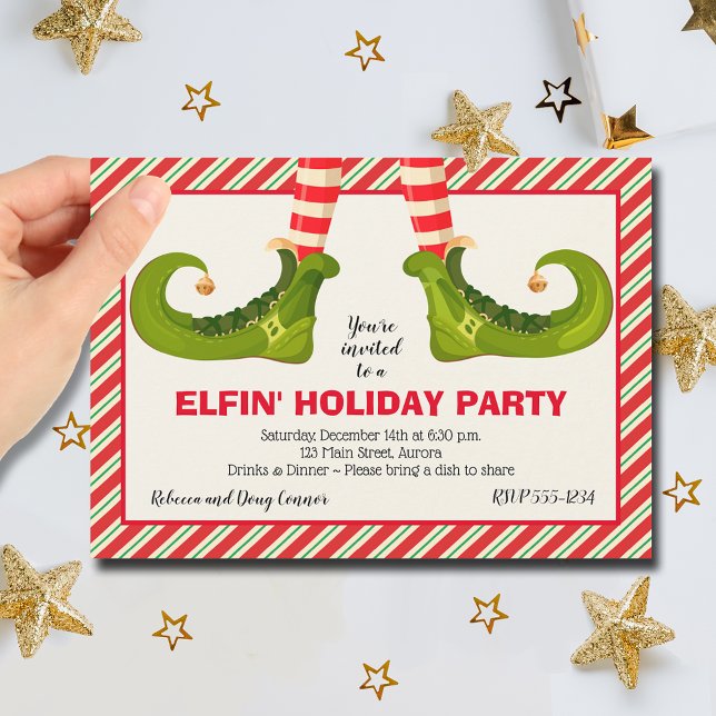 Jolly jul Elf Ben Rand Helgdag Inbjudningar (Jolly Christmas Elf Legs Stripes Holiday Party Invitations)