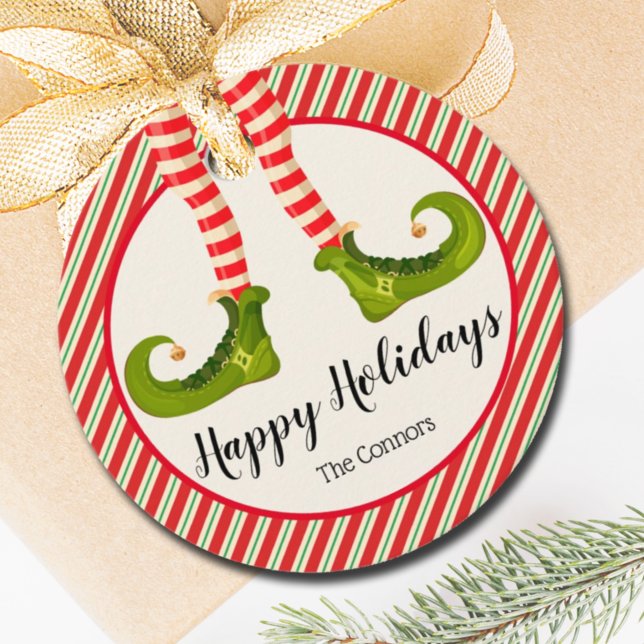 Jolly jul Elf Ben Rand Helgdag ROUND Gåvor Etiketter (Jolly Christmas Elf Legs Stripes Holiday ROUND Favor Tags)