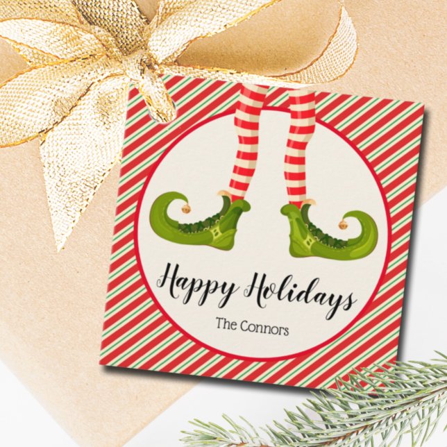 Jolly jul Elf Ben Rand Helgdag SQUARE Gåvor Etiketter (Christmas Elf Legs Stripes Holiday Square Favor Tags Personalized)