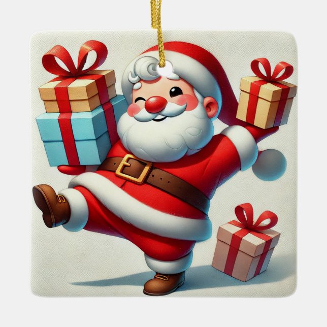 Jolly Jultomten Holding Gift Boxes Julgransprydnad Keramik (Framsida)