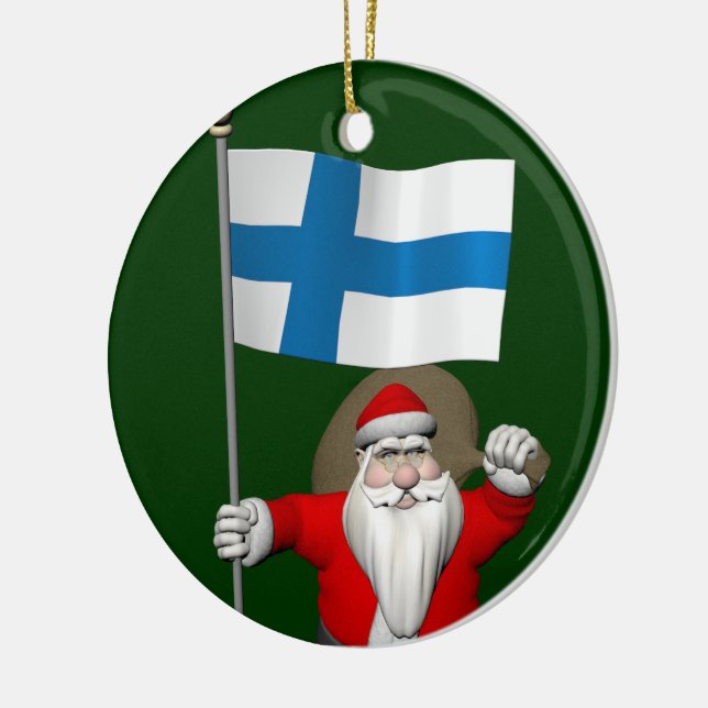 Jolly Jultomten med Flagga Finland Julgransprydnad Keramik (Vänster)