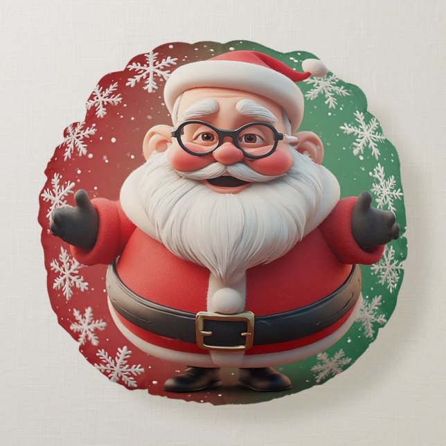 Jolly Jultomten omringad av Snöflingor Rund Kudde (Framsidan)