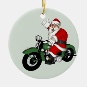 Jolly Jultomten Riding Grönt Vintage Motorcykel Julgransprydnad Keramik
