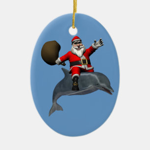 Jolly Jultomten Riding on Dolphin Julgransprydnad Keramik