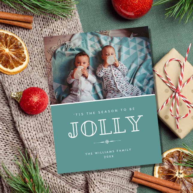 Jolly Modern Teal-familjens fotojul Helg Vykort (Jolly Modern Teal Family Photo Christmas Holiday Postcard)