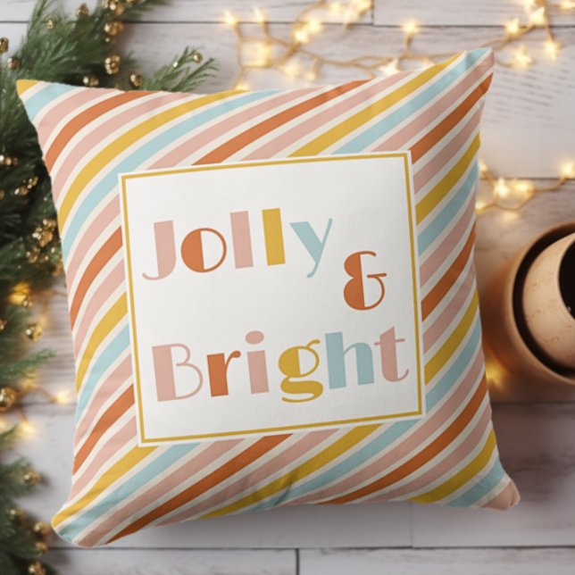Jolly och Bright Colorful Rand jul Kudde (Jolly and Bright Colorful Stripe Christmas Throw Pillow Holiday Decor)