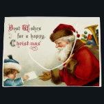 Jolly Old World Santa and Child<br><div class="desc">Nostalgisk bild av Viktorians röda Jultomten-bärväska från Viktorian-eran från leksak som får ett brev från ett blint barn i blått jacka och hatt.</div>