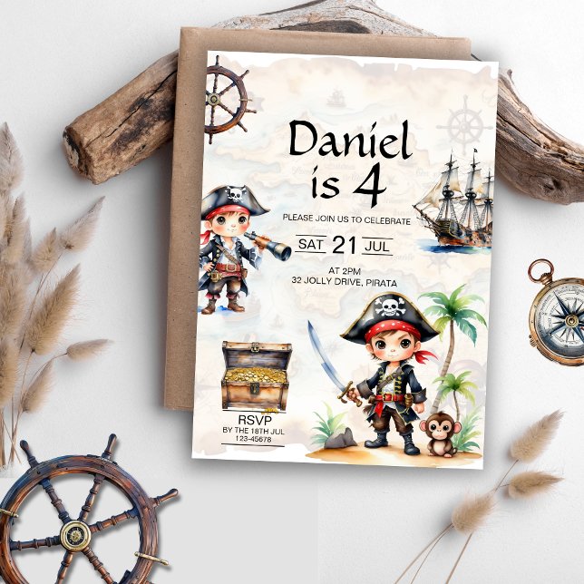 Jolly Pirater 4e födelsedagen Inbjudningar (Jolly Pirates 4th Birthday Invitation)