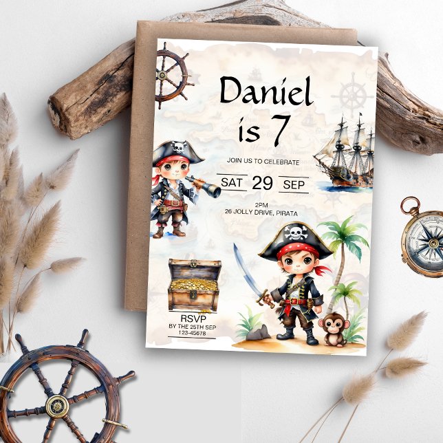 Jolly Pirater 7:e Födelsedagsfest Inbjudningar (Jolly Pirates 7th Birthday Invitation)