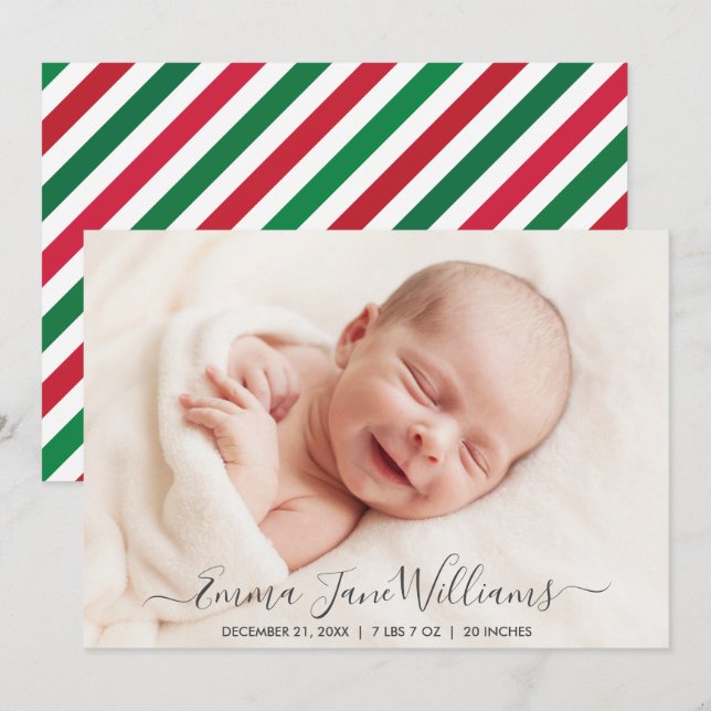 Jolly Red Grönt Stripe Birth Announcement Photo Meddelande (Fram/baksida)