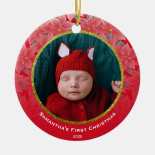 Jolly Red Poinsettia Baby Första jul Cerami Julgransprydnad Keramik