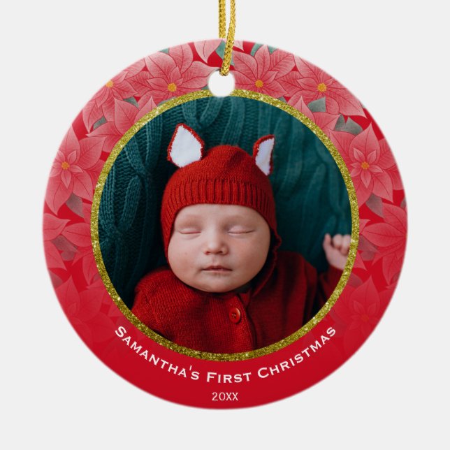 Jolly Red Poinsettia Baby Första jul Cerami Julgransprydnad Keramik (Framsidan)