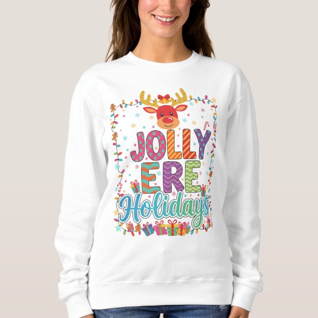 "Jolly Reindeer Holiday Lights Sweatshirt" T Shirt (Framsida)