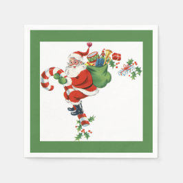 Jolly Retro Santa Riding Candy cane Grönt Papper Pappersservett