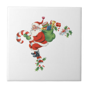 Jolly Retro Santa Riding Candy cane Kakelplatta