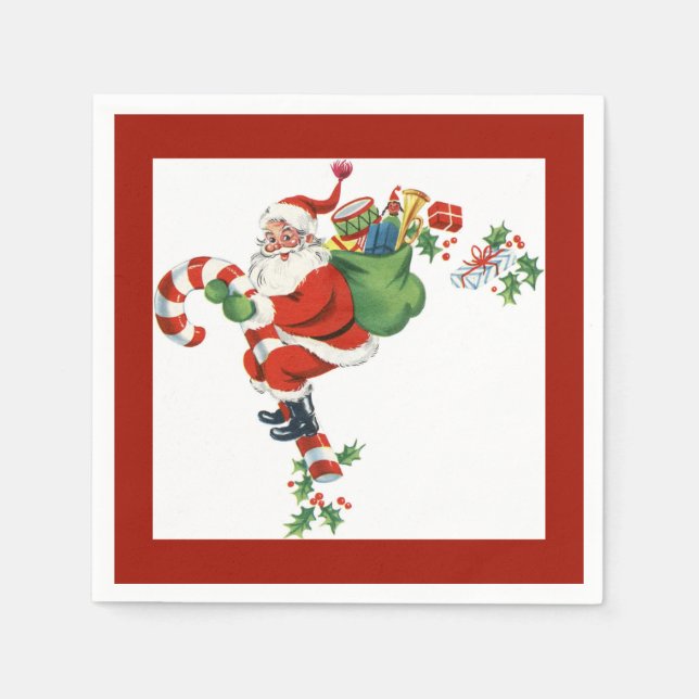 Jolly Retro Santa Riding Candy cane Red Pappersservett (Framsidan)