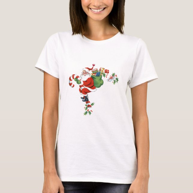 Jolly Retro Santa Riding Candy cane Tee (Framsida)