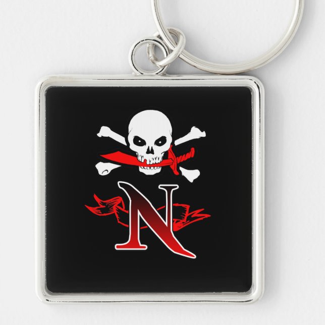 Jolly Roger N Monogram Initial Fyrkantig Silverfärgad Nyckelring (Framsidan)